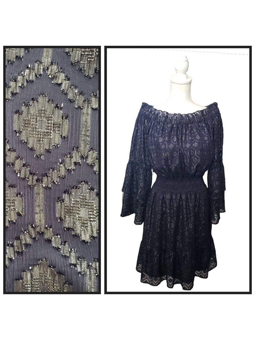 Lucky Brand Women’s Medium Navy Off Shoulder Smocked Waist Boho Dress